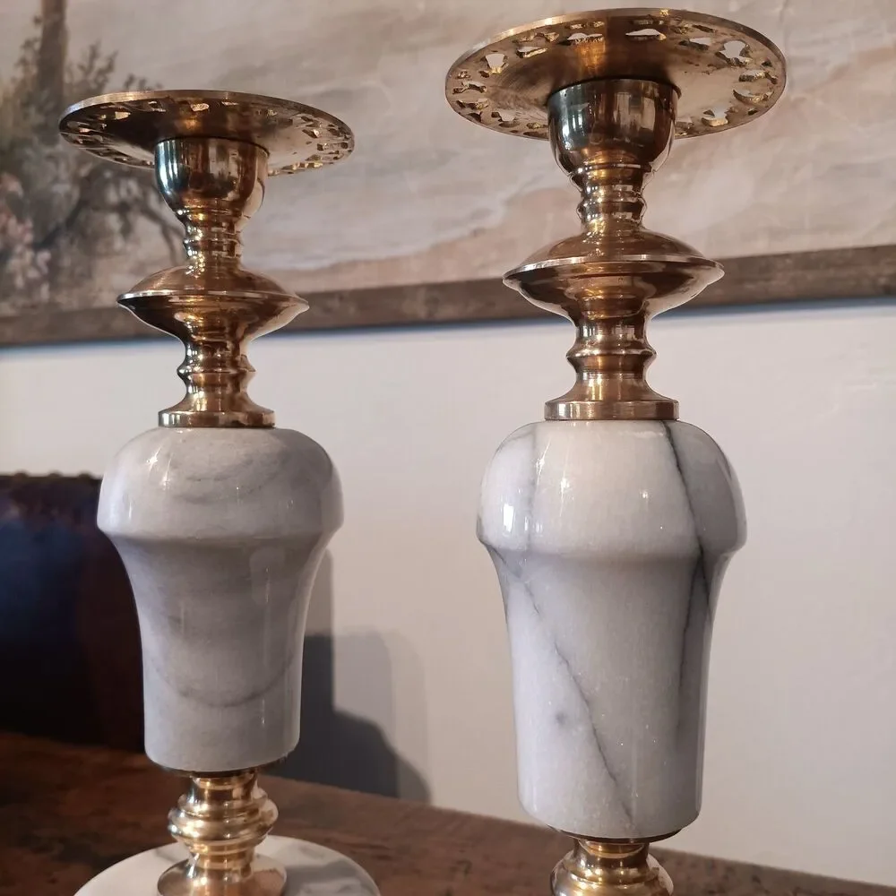 VTG 50-60's Marble and Brass Candle Holders Pair 2 MCM Hollywood Regency Italy